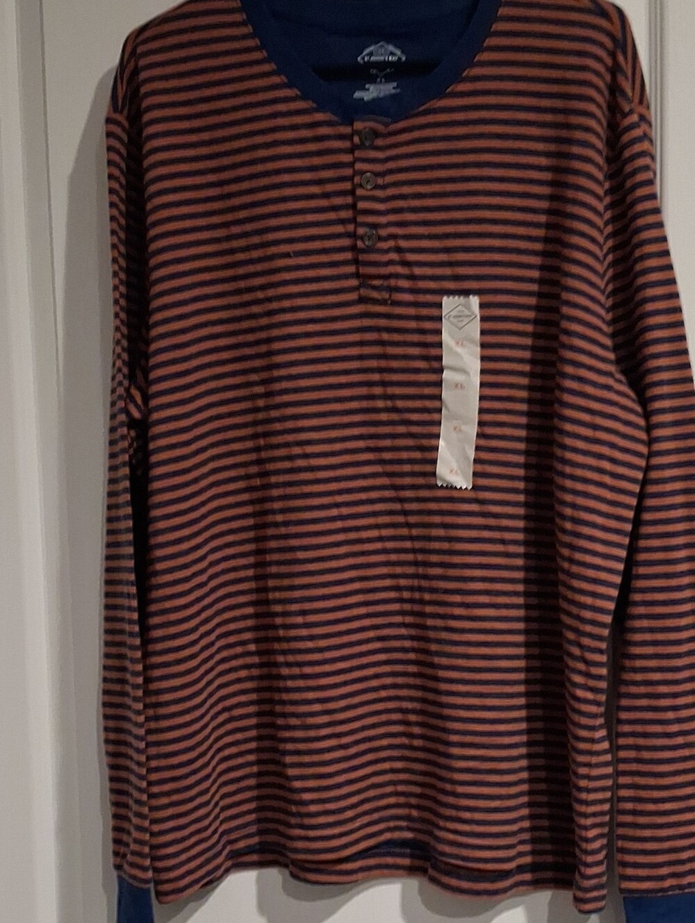 St. John's Bay Navy and Rust Striped Henley Long-Sleeve